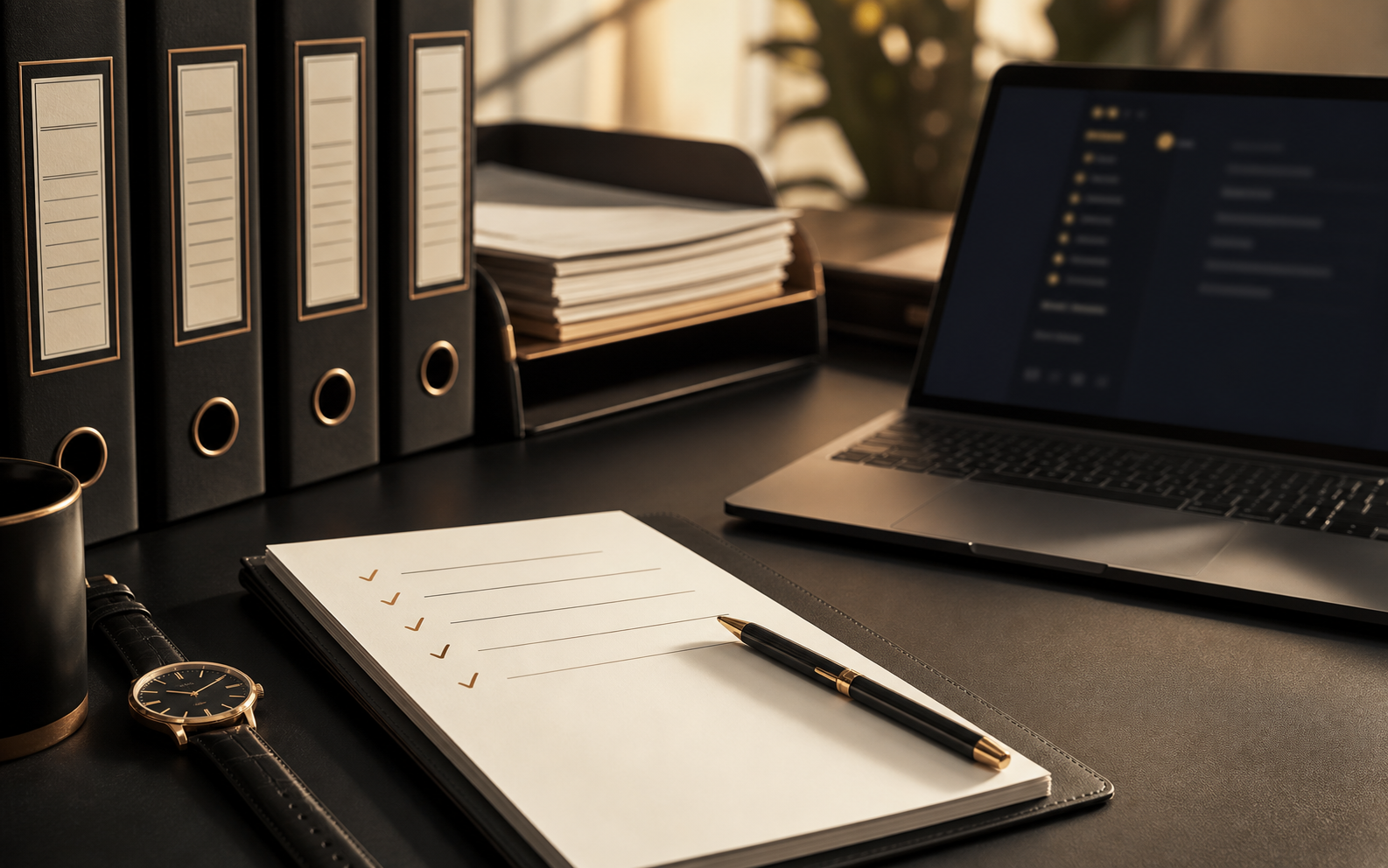 An organized attorney desk with a checklist, laptop, and calm review materials.
