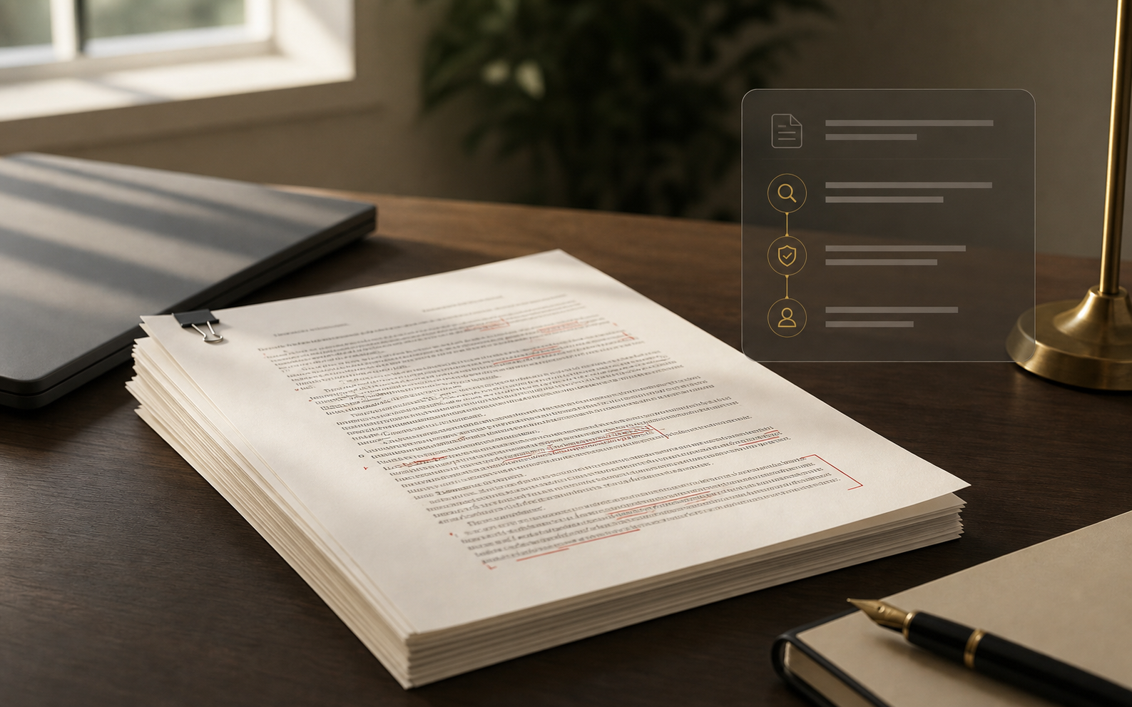 A legal document stack being reviewed with subtle source-check indicators.
